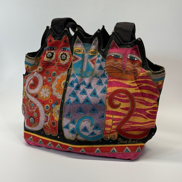 Laurel Burch Purse Cat Cotton Canvas Tote Bag Cutout Artsy Boho - Picture 4 of 13